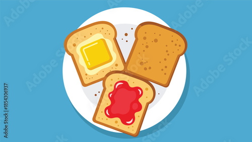Toast bread breakfast flat illustration with butter and jam, simple morning food concept isolated on clean background, ideal for breakfast menus and food graphics