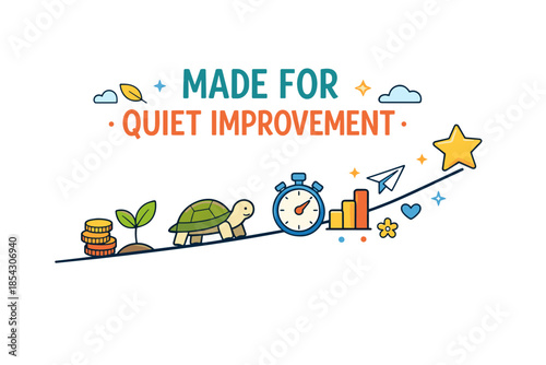 Motivational graphic for slow and steady progress with turtle and growth symbols