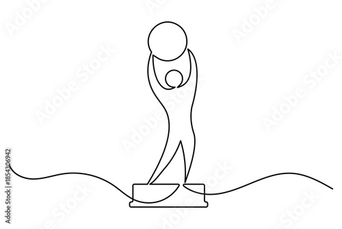 Winning athlete standing on a victory podium holding a trophy cup continuous line drawing