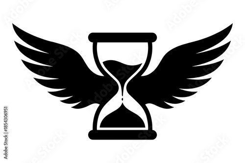 Iconic black and white vector graphic representing time flying with a winged hourglass symbol