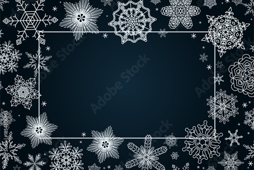 Snowflakes, white falling snow frame with copy space, border, background. Line drawing. Hand drawn vector illustration. Seasonal, winter design, blue backdrop, banner. Different shapes, ice crystals