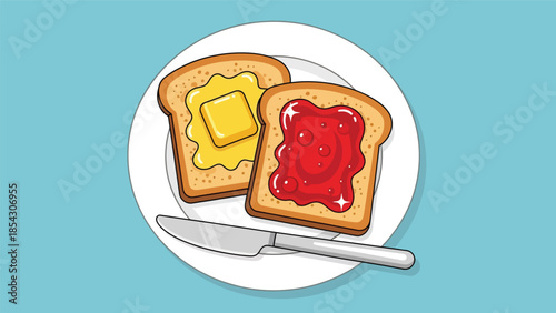 Toast bread breakfast flat illustration with butter and jam, simple morning food concept isolated on clean background, ideal for breakfast menus and food graphics
