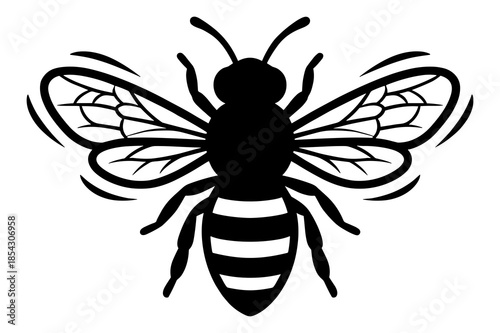 Stylized black and white graphic design of a honey bee with detailed wings in flight silhouette