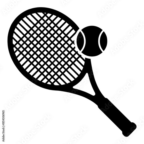 Simple black and white icon representing a tennis racket poised to strike a small felt ball