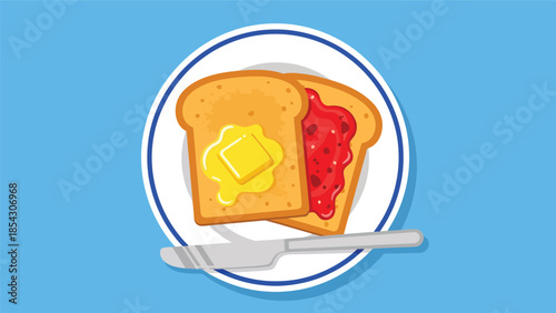 Toast bread breakfast flat illustration with butter and jam, simple morning food concept isolated on clean background, ideal for breakfast menus and food graphics