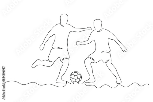 Two football players in action competing for the ball continuous line art illustration