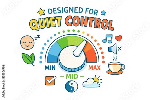 Quiet control graphic with volume dial and peaceful symbols