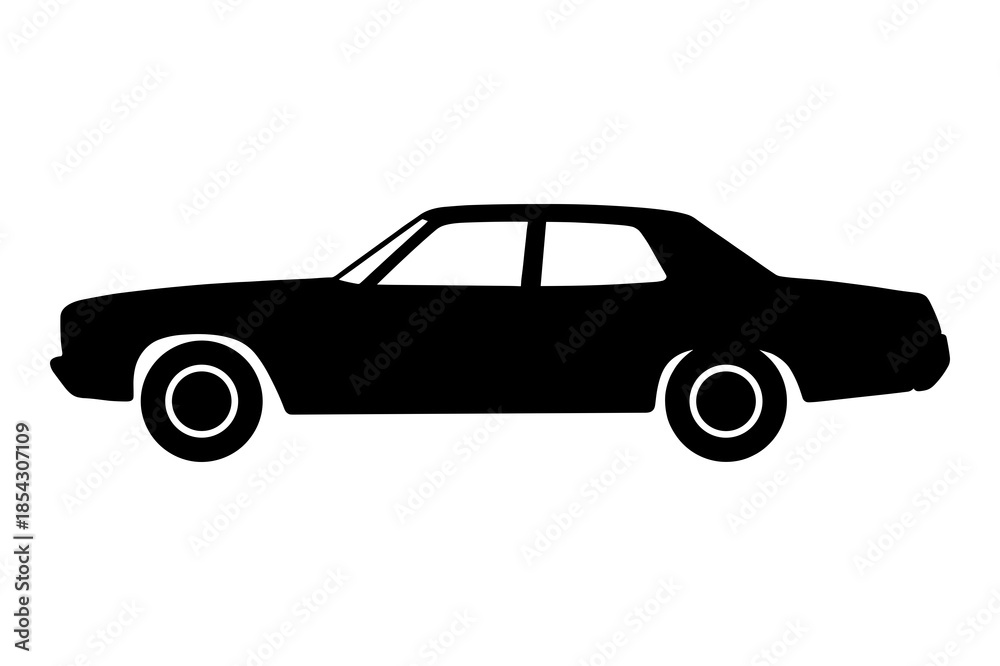 Fototapeta premium Simple black silhouette icon representing a classic four door sedan vehicle viewed from the side