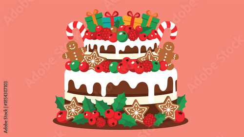 Christmas cake flat illustration with festive decorations and berries, holiday dessert concept isolated on clean background, ideal for seasonal promotions and greeting designs