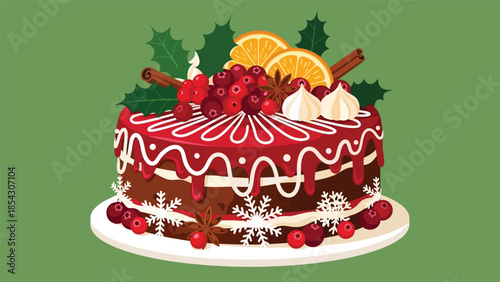 Christmas cake flat illustration with festive decorations and berries, holiday dessert concept isolated on clean background, ideal for seasonal promotions and greeting designs