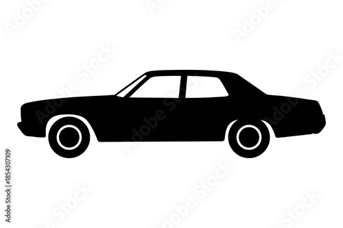 Simple black silhouette icon representing a classic four door sedan vehicle viewed from the side