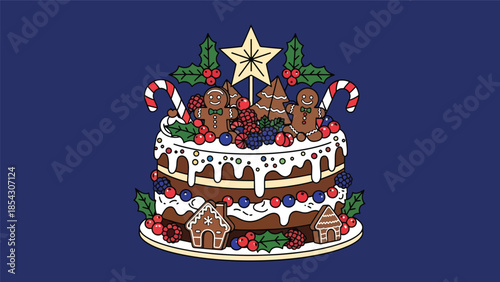 Christmas cake flat illustration with festive decorations and berries, holiday dessert concept isolated on clean background, ideal for seasonal promotions and greeting designs