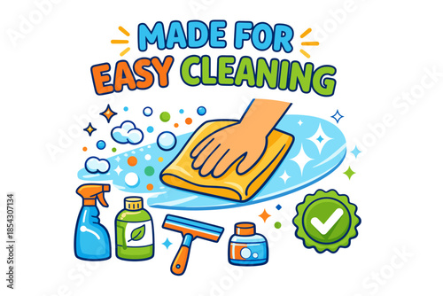 Colorful cleaning with supplies and hand wiping surface