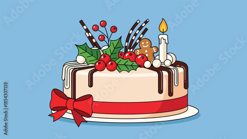 Christmas cake flat illustration with festive decorations and berries, holiday dessert concept isolated on clean background, ideal for seasonal promotions and greeting designs