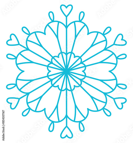 Single snowflake isolated on transparent background. Line drawing. Hand drawn vector illustration, editable stroke. Seasonal winter design element, clip art. Falling snow, frozen water, ice crystal