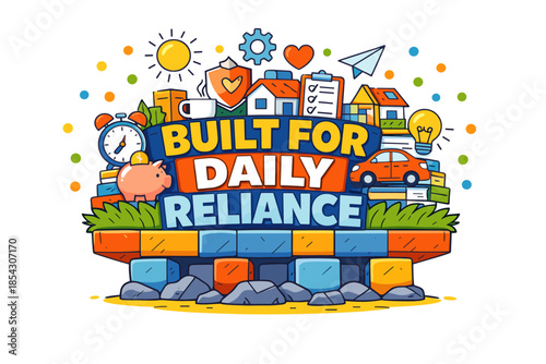 Built for daily reliance with houses, car, sun, and office elements