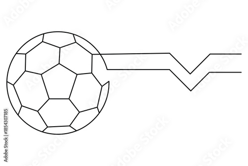 Single line drawing of a soccer ball with a jagged zig-zag trail representing speed