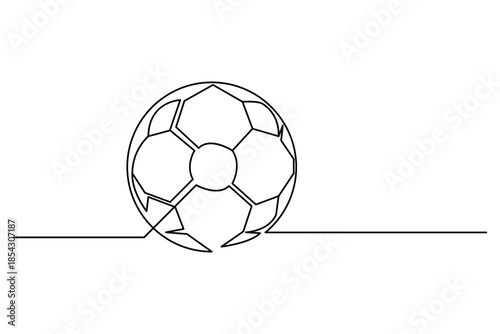 Minimalist one line illustration of a classic soccer ball with horizontal horizon line
