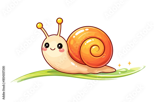 Cute cartoon snail with orange shell on green leaf