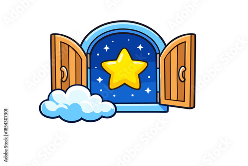 Whimsical night sky with star and open window on cloudy night