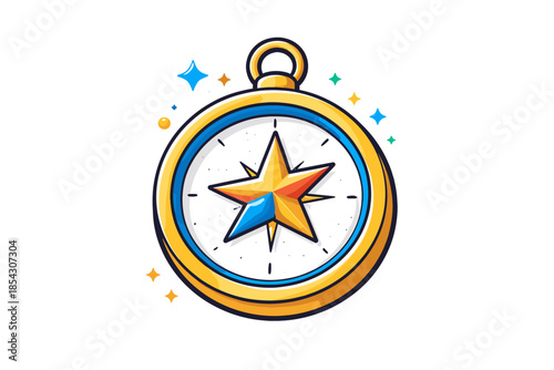 Colorful compass with star design on white background