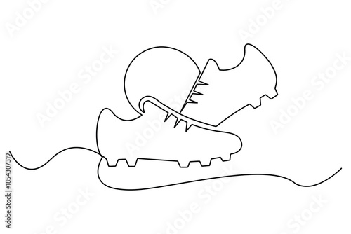Minimalist continuous line art of a pair of soccer cleats and a ball