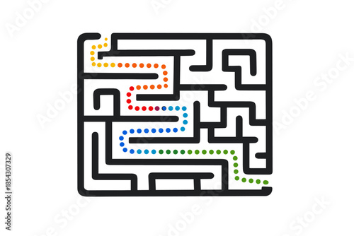 Colorful pathways through a complex maze on white background