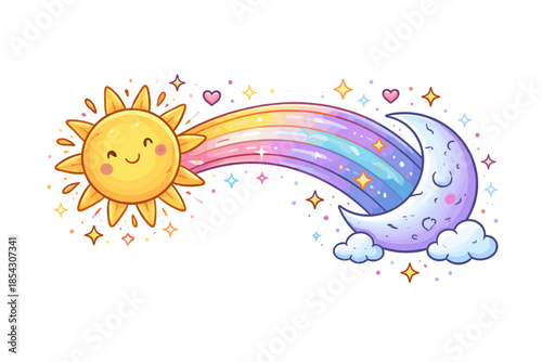 Whimsical sun and moon connected by a vibrant rainbow