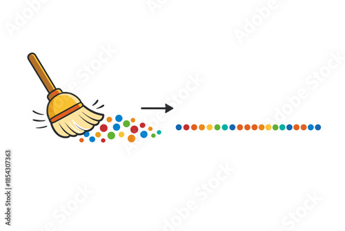 Broom sweeping colorful dots into organized line with arrow