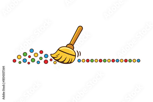 Cartoon broom sweeping colorful dots on white background