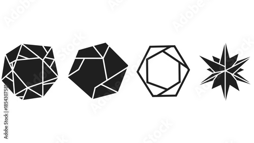 Geometric abstract shapes representing crystals and stars in black and white minimalist design