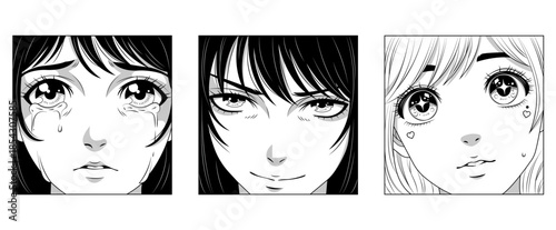 Anime girl faces. Suitable for manga projects, prints, posters, stationery, fashion design, stickers, wallpapers, and creative branding inspired by Japanese pop culture.