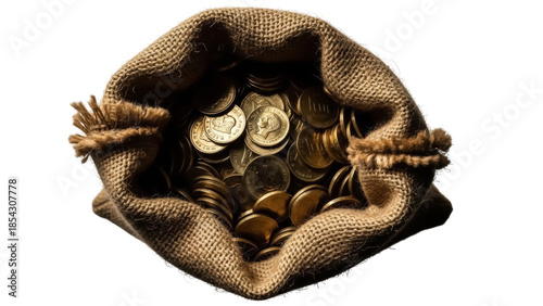Tableau sur toile Burlap sack full of gold coins PNG isolated on transparent background, money bag