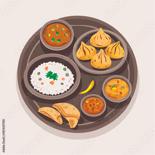 Traditional Indian Thali Vector Illustration with Curry, Rice, Samosa and Sweets