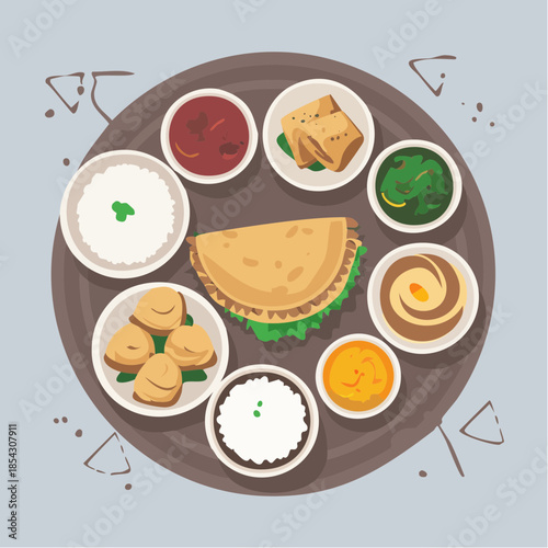 Traditional Indian Thali Vector Illustration with Assorted Dishes on Plate