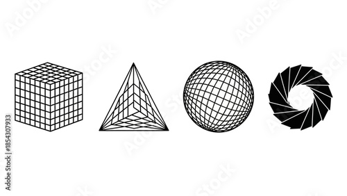 Geometric shapes including a cube, pyramid, sphere, and aperture illustration