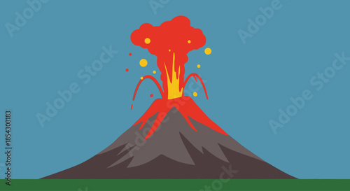 Illustration of a cartoon volcano erupting with lava ash and smoke against a blue sky