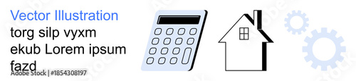 Financial analysis, real estate, technology, engineering, innovation, property management. Calculator, house and gear symbols with modern design. Financial analysis and real estate