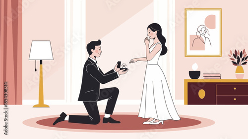 Man proposing to woman in elegant living room with luxury decor and soft lighting