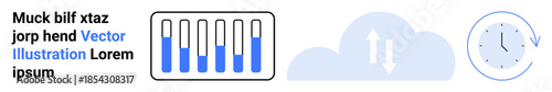 Test tube graphic shows data levels, cloud symbolizes synchronization, clock indicates timing. Ideal for science, data, workflow, cloud storage, analytics, efficiency simple landing page