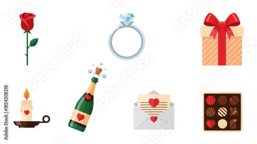 Romantic evening setup with rose, ring, gift, candle, champagne, letter, and chocolates
