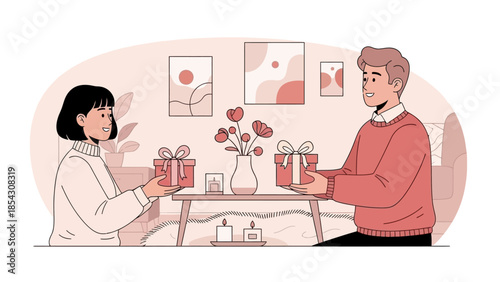 Couple Exchanging Gifts in a Cozy Indoor Setting