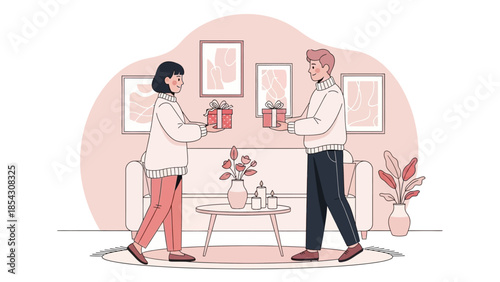 Couple exchanging gifts in a cozy living room with a soft pink environment