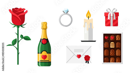 Romantic evening setup with rose, champagne, ring, candles, and chocolates on a clean white background