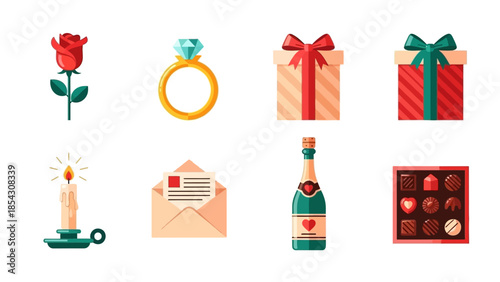 Romantic evening setup with rose, ring, gifts, candle, letter, champagne, and chocolates on a clean white background