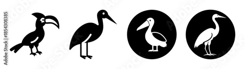 Black and white bird illustration set vector design featuring heron pelican and stork silhouettes