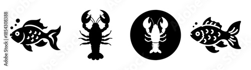 Black and white silhouette of fish and lobster vector art illustration for design and decoration