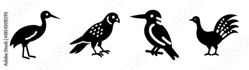 Black birds silhouette vector art illustration of crane hawk crow and rooster animal design drawing