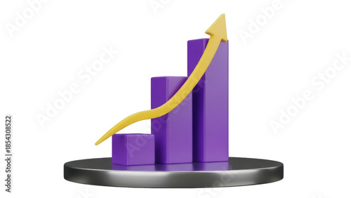 Purple bar graph with yellow arrow isolated PNG, 3D render of business growth chart on transparent background for financial success