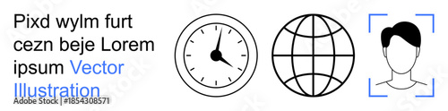 Global communication, time management, identity verification, cybersecurity, networking, digital transformation. Illustration showing a clock, globe and face recognition frame. Global communication